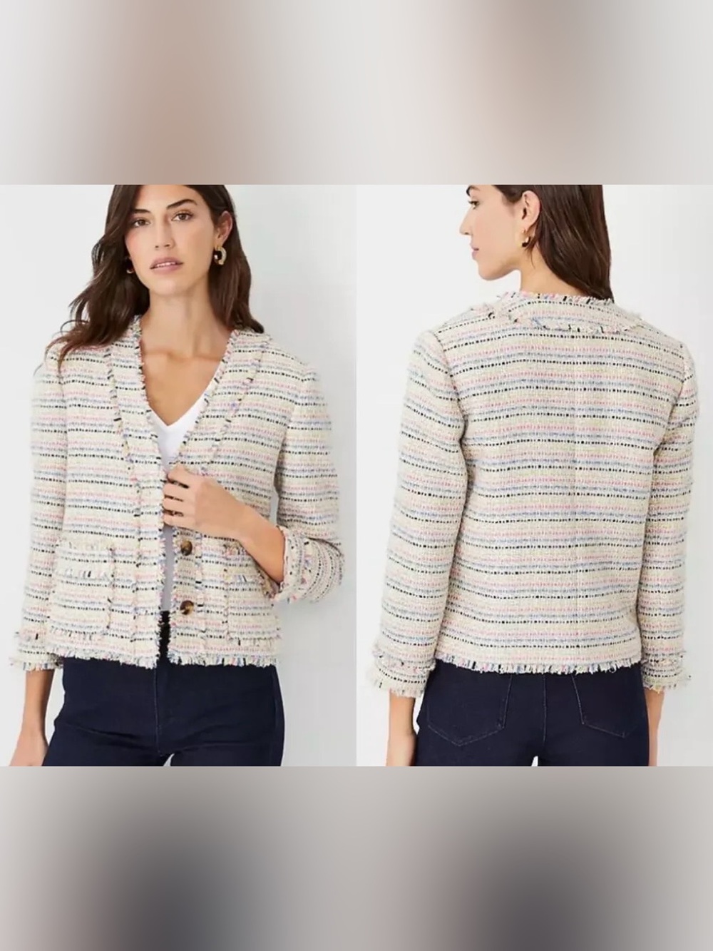 Ann Taylor multicolor pastel tweed blazer fringe pockets size 6 new old money